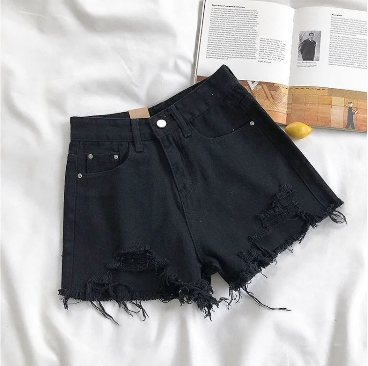 Women's Distressed Denim Style High Waist Frayed Hem Casual Streetwear Shorts with Pocket Design