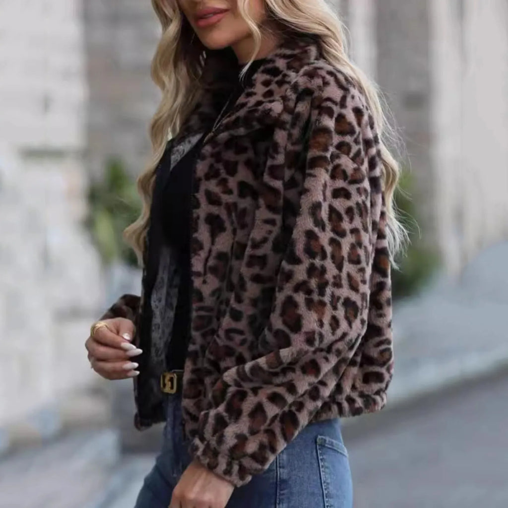 Women's Cropped Leopard Print Faux Fur Hooded Jacket Relaxed Streetwear Zip-Up Outerwear