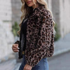 Women's Cropped Leopard Print Faux Fur Hooded Jacket Relaxed Streetwear Zip-Up Outerwear