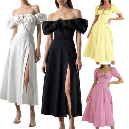 Off Shoulder Maxi Dress with Bubble Sleeves and Side Slit Detail