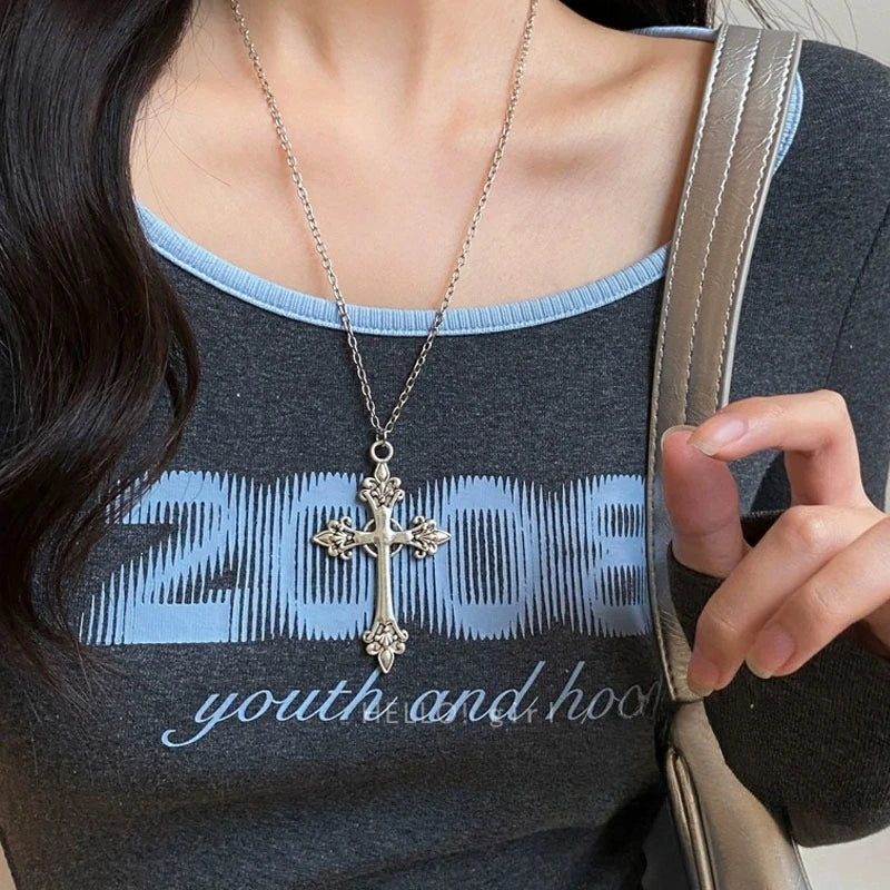 Vintage Gothic Cross Pendant Necklace With Layered Chain Y2K Punk Styling Accents