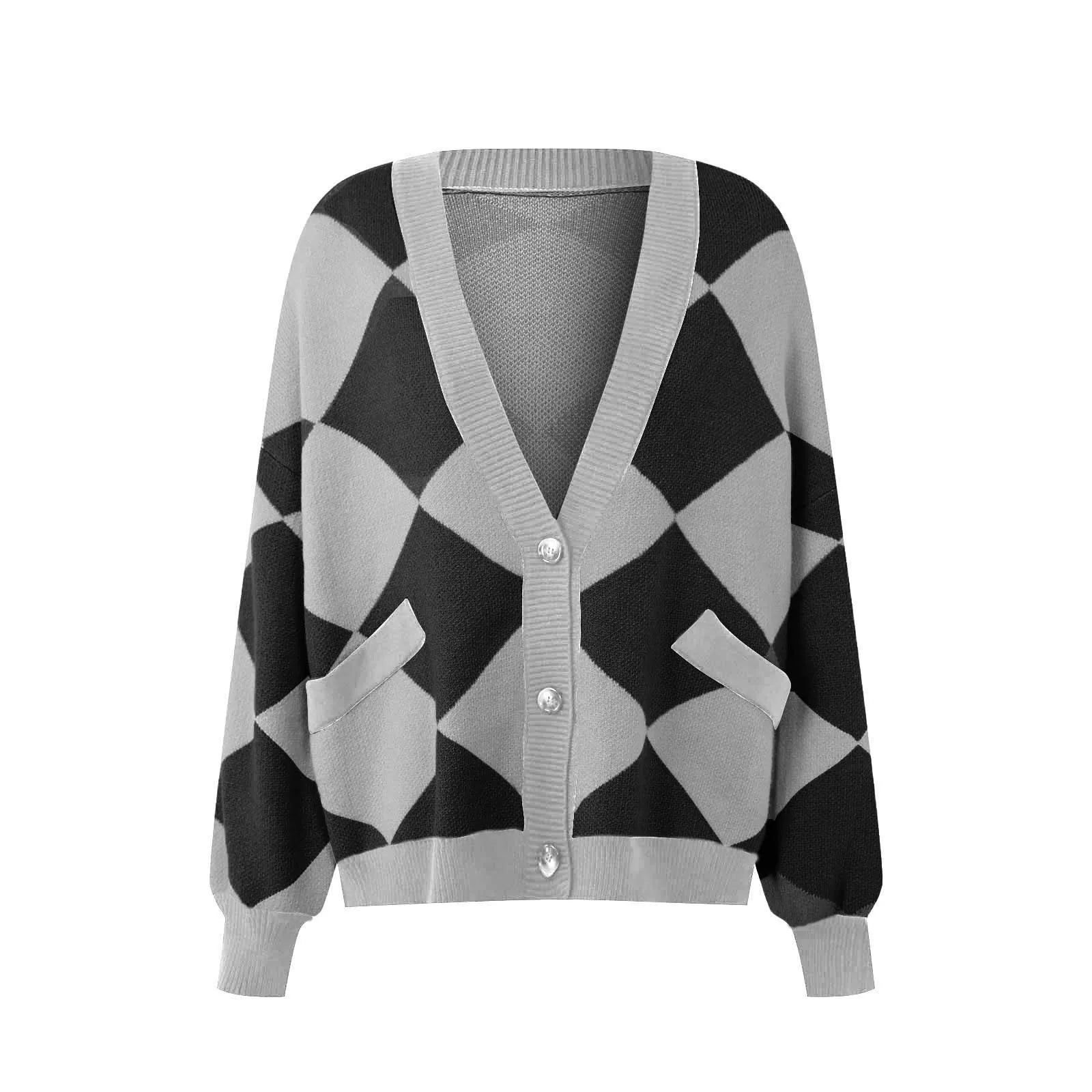 Women's Geometric Color Block Knit Cardigan with Oversized Button Front Design