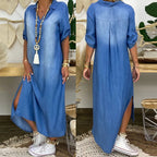 Oversized V-Neck Denim Inspired Maxi Dress with Half Sleeves and Side Slits