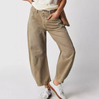 Women's Cropped Barrel Leg Stretch Denim Jeans with Relaxed Streetwear Inspired Silhouette