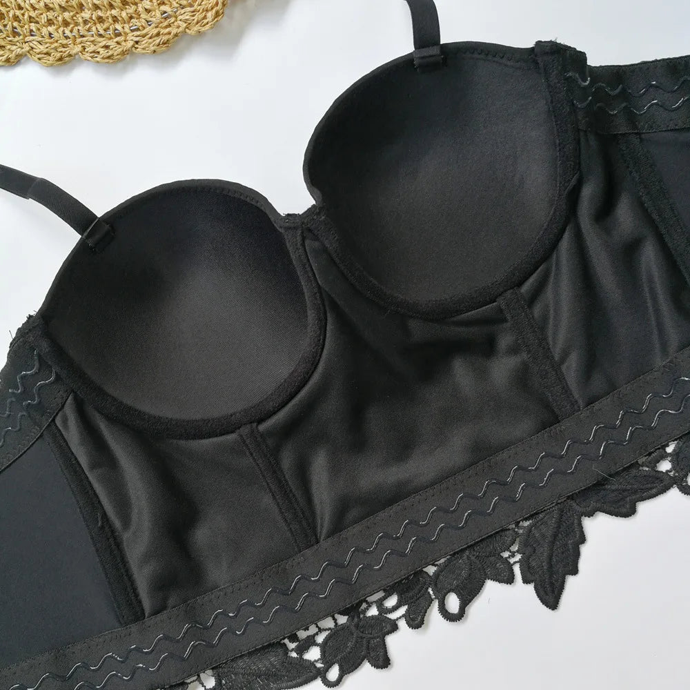 Floral Lace Bustier Top with Embroidered Detailing and Structured Cups