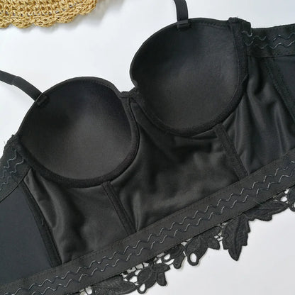 Floral Lace Bustier Top with Embroidered Detailing and Structured Cups