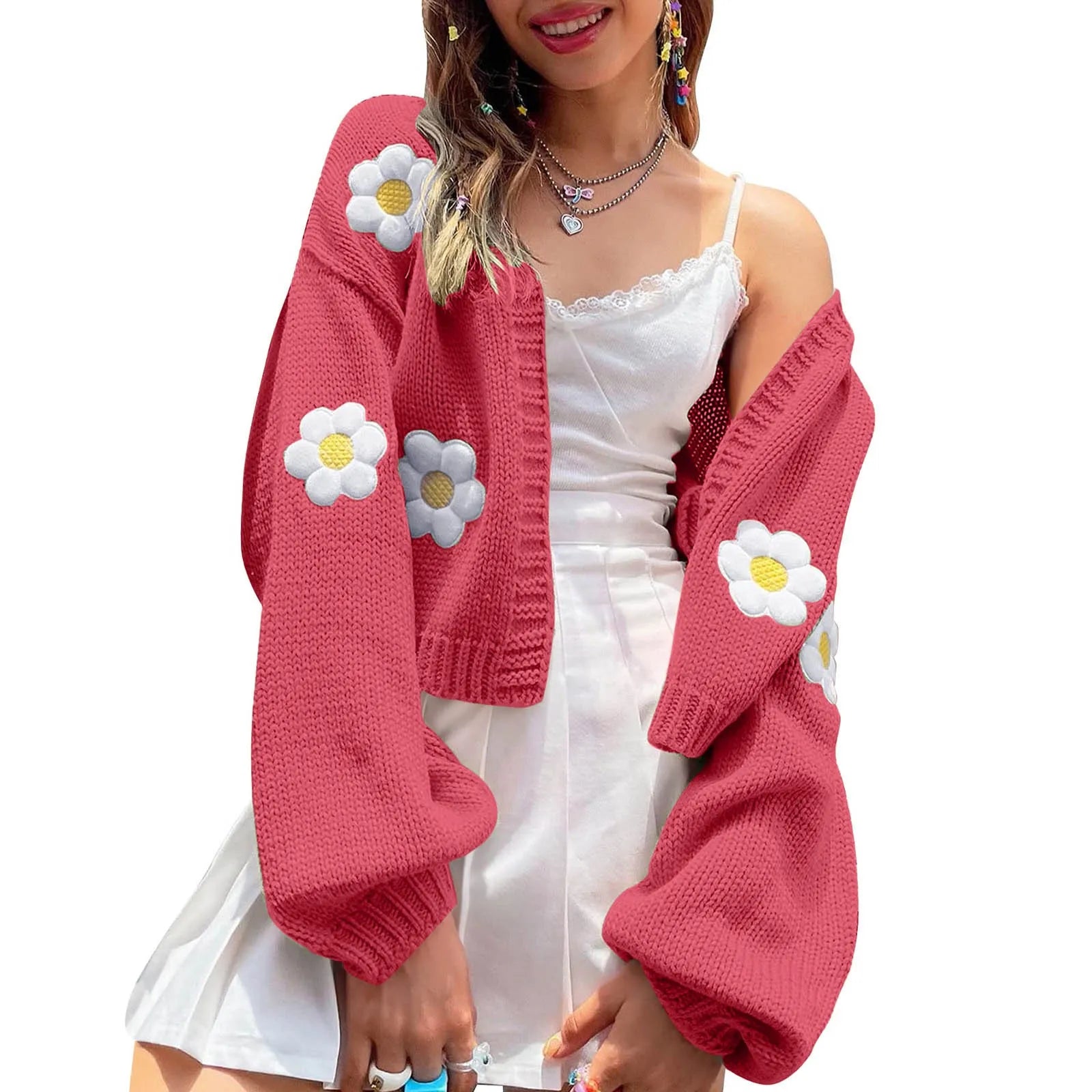 Women's Floral Knit Cardigan Relaxed Fit Contemporary Layering Sweater