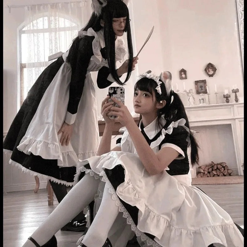 Classic Monochromatic Ruffled Maid Dress with Sweetheart Bow Detailing