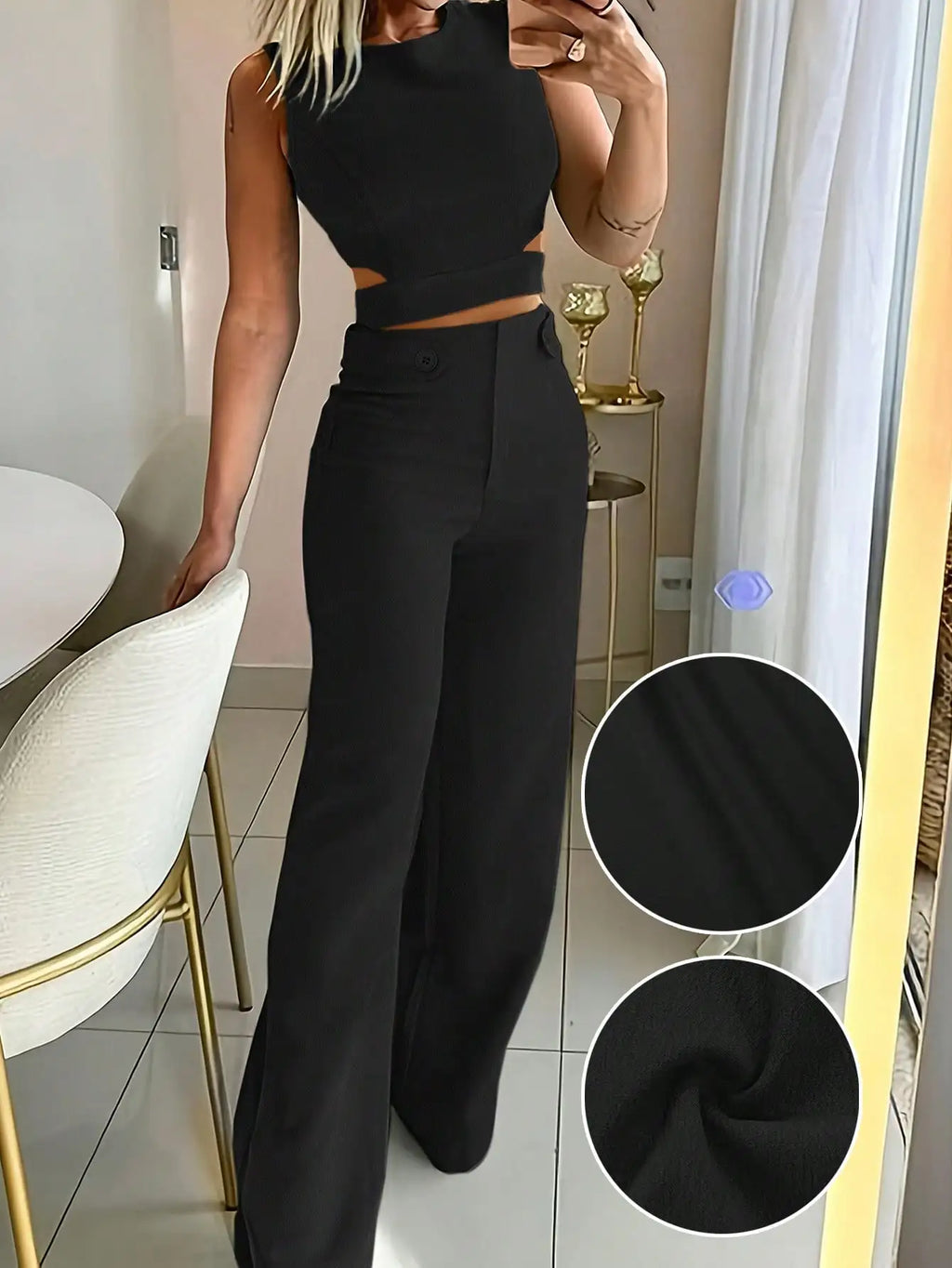 Sleeveless Button Detail Top and Flare Pants Casual Co-Ord Set