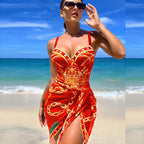 Royal Blue Baroque Print Swim Set with Structured Top and Matching Wrap Skirt