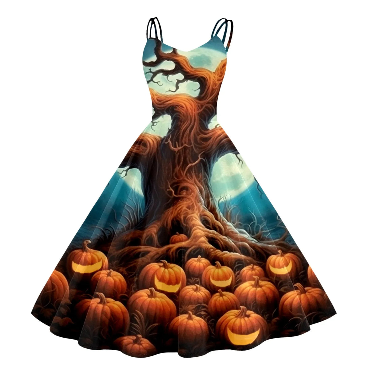 Halloween Graveyard Print Flared A-Line Dress with Double Spaghetti Straps
