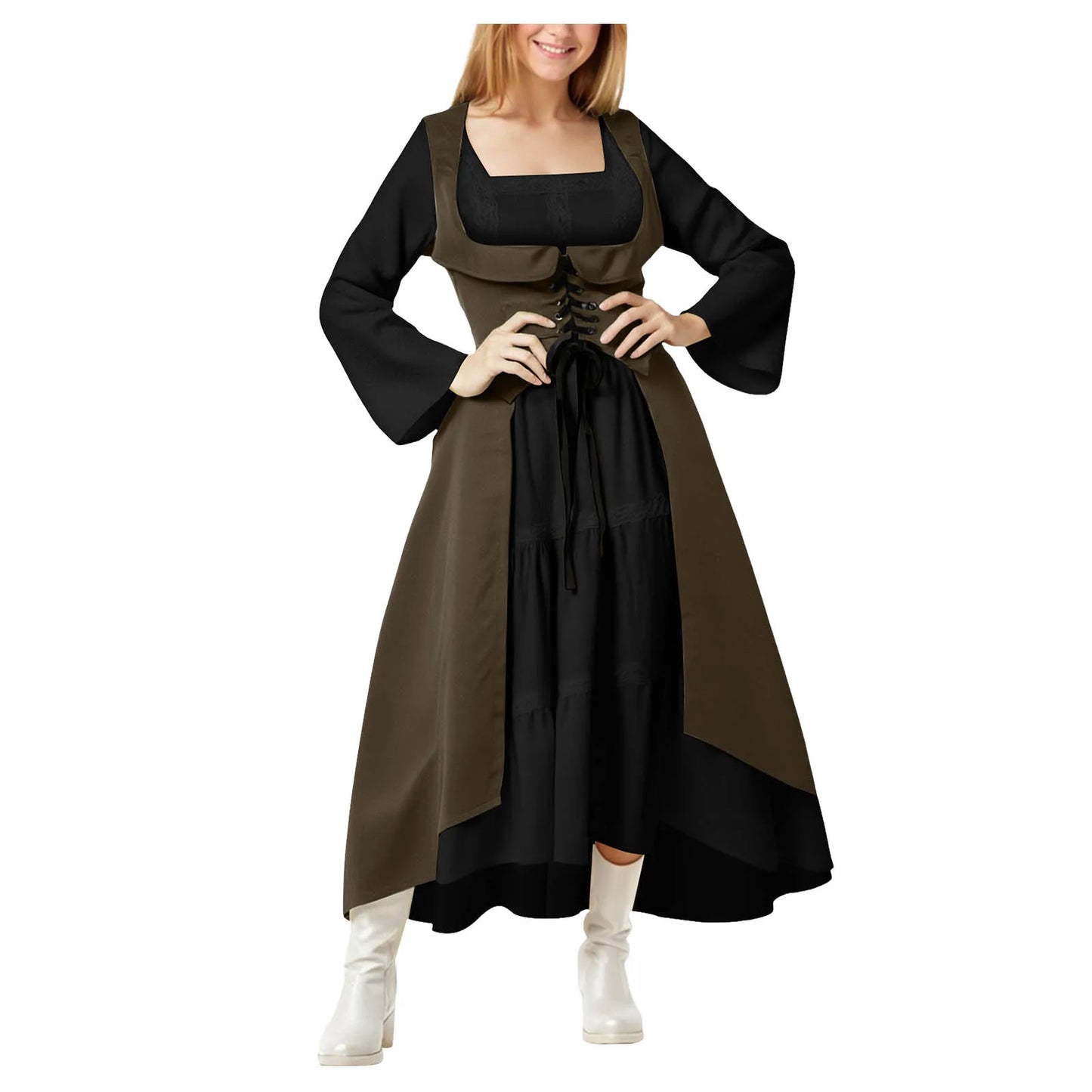 Gothic Witchcore Midi Dress with Pentagram Strap Details