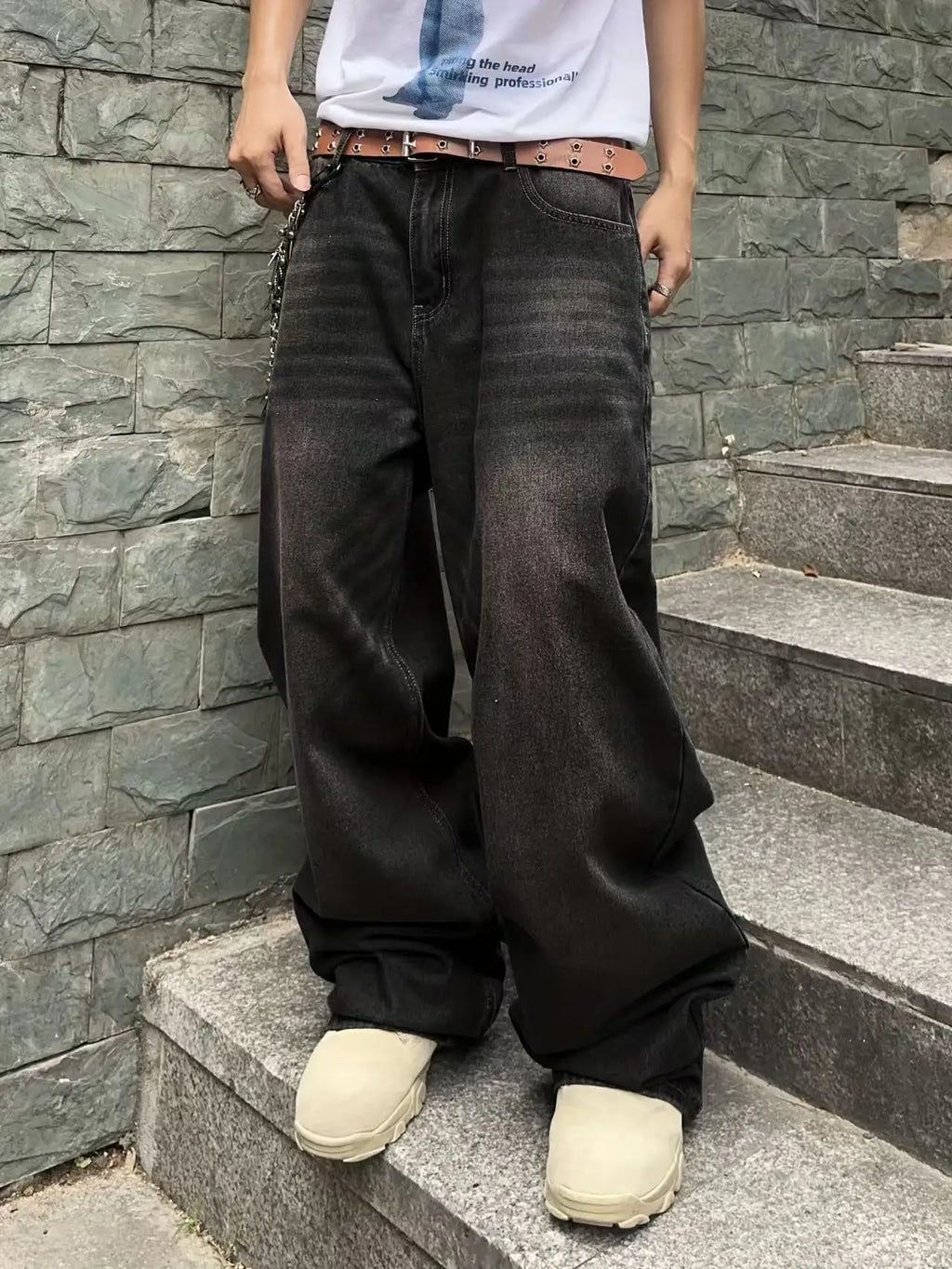 Men's Garment Washed Wide Leg Denim Jeans with Relaxed Floor Length Fit