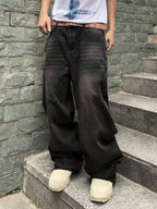 Men's Garment Washed Wide Leg Denim Jeans with Relaxed Floor Length Fit