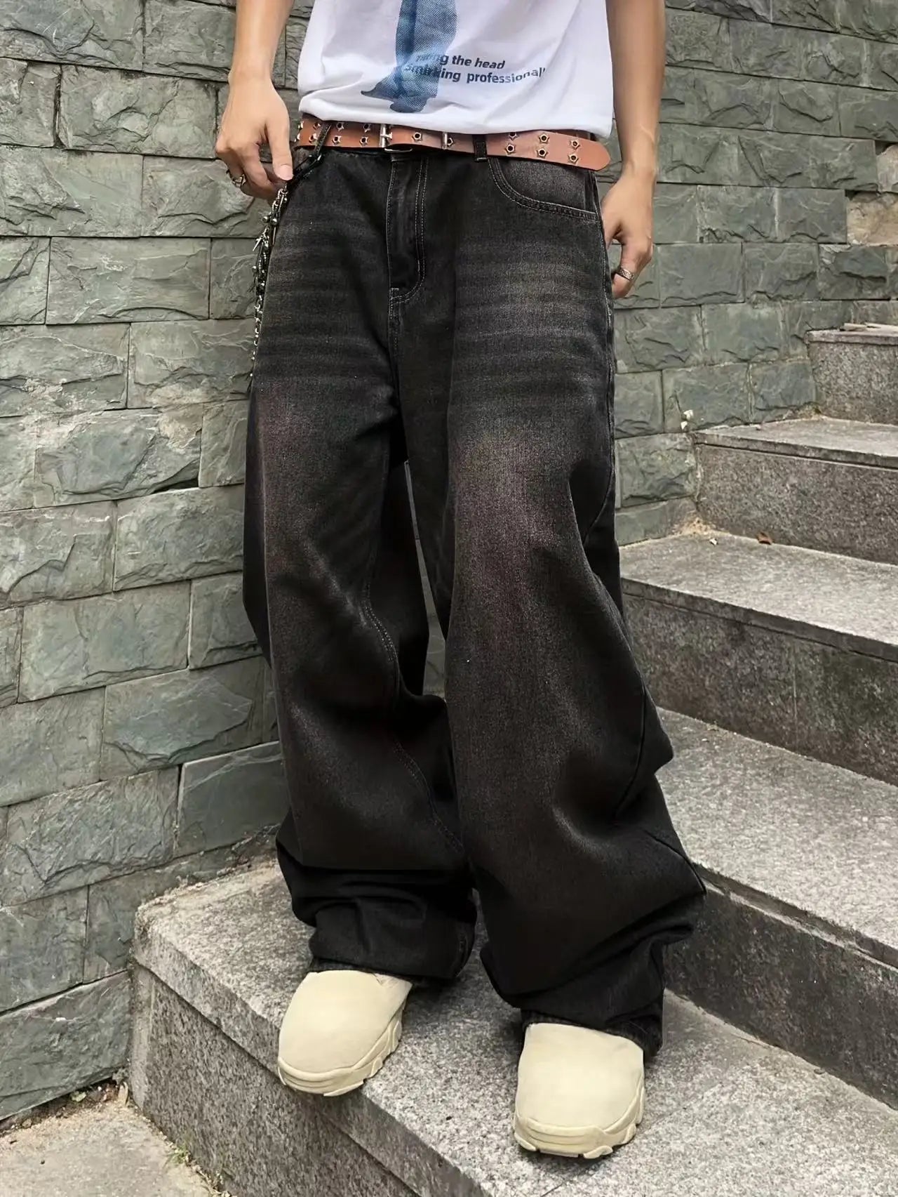 Men's Garment Washed Wide Leg Denim Jeans with Relaxed Floor Length Fit
