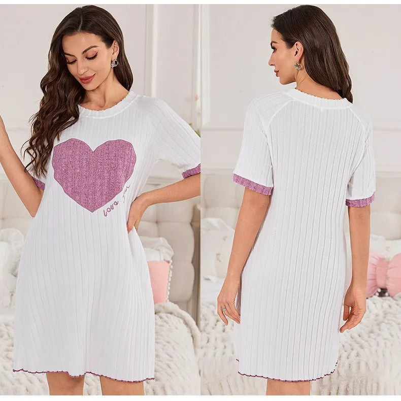 Relaxed Heart-Graphic Sleep Dress with Contrasting Trim