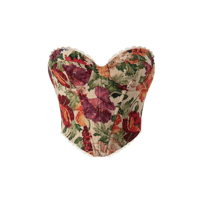 Vintage-Inspired Floral Print Strapless Corset with Scalloped Lace Trim
