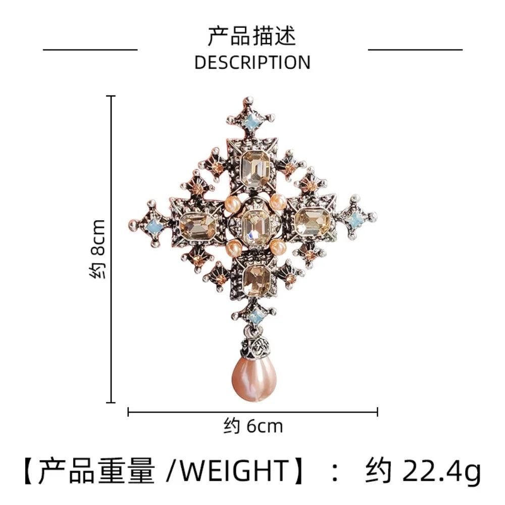 Baroque Cross Statement Brooch with Ornate Pendant Detail
