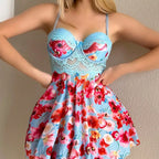 Vibrant Floral Print Flared Babydoll with Structured Underwire Cups and Lace Midriff