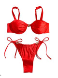 Vibrant Red Ruched Underwire Bikini Set with Metallic Ring Hardware