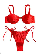 Vibrant Red Ruched Underwire Bikini Set with Metallic Ring Hardware