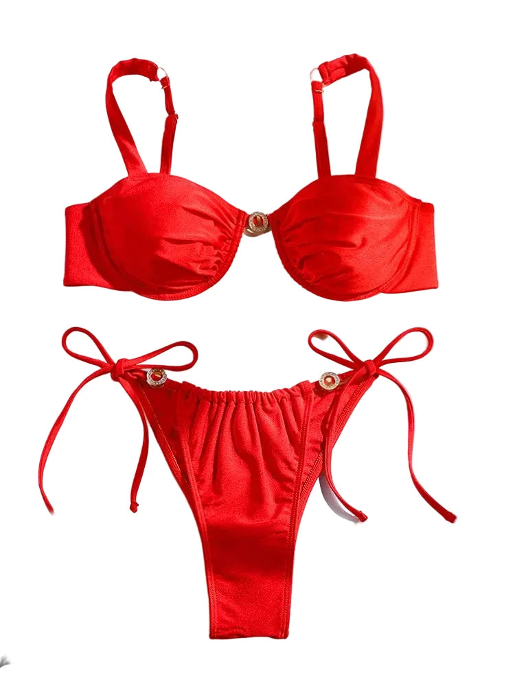 Vibrant Red Ruched Underwire Bikini Set with Metallic Ring Hardware