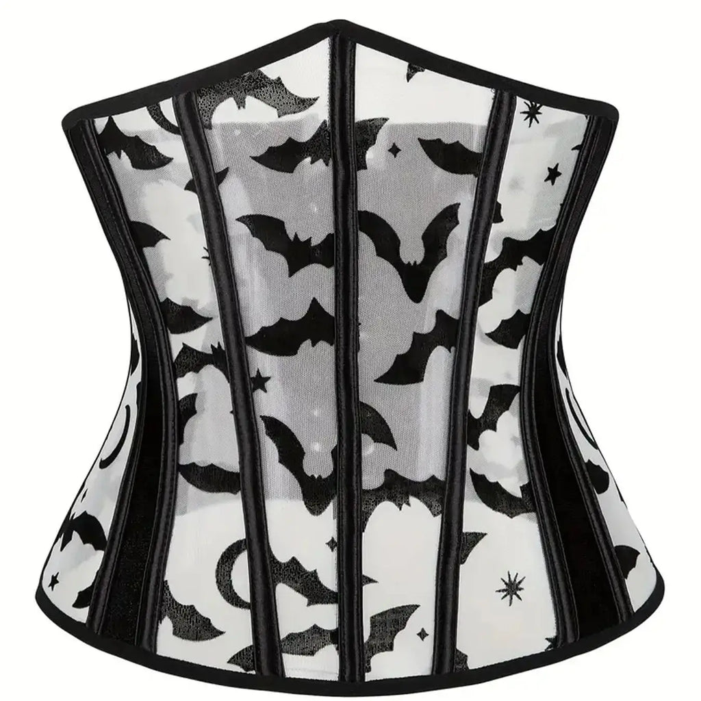 Sheer Mesh Corset Waist Cincher with Floral Appliqué and Structured Boning