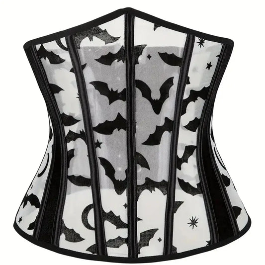 Sheer Mesh Corset Waist Cincher with Floral Appliqué and Structured Boning