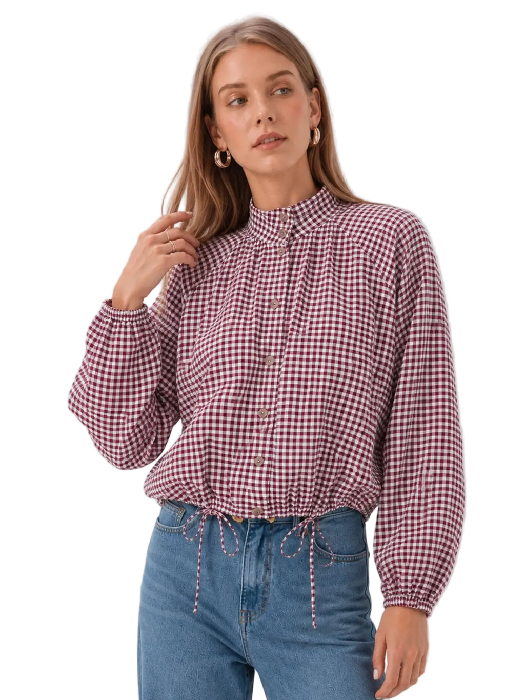 Vintage-Inspired Plaid Blouse with Stand Collar and Drawstring Hem