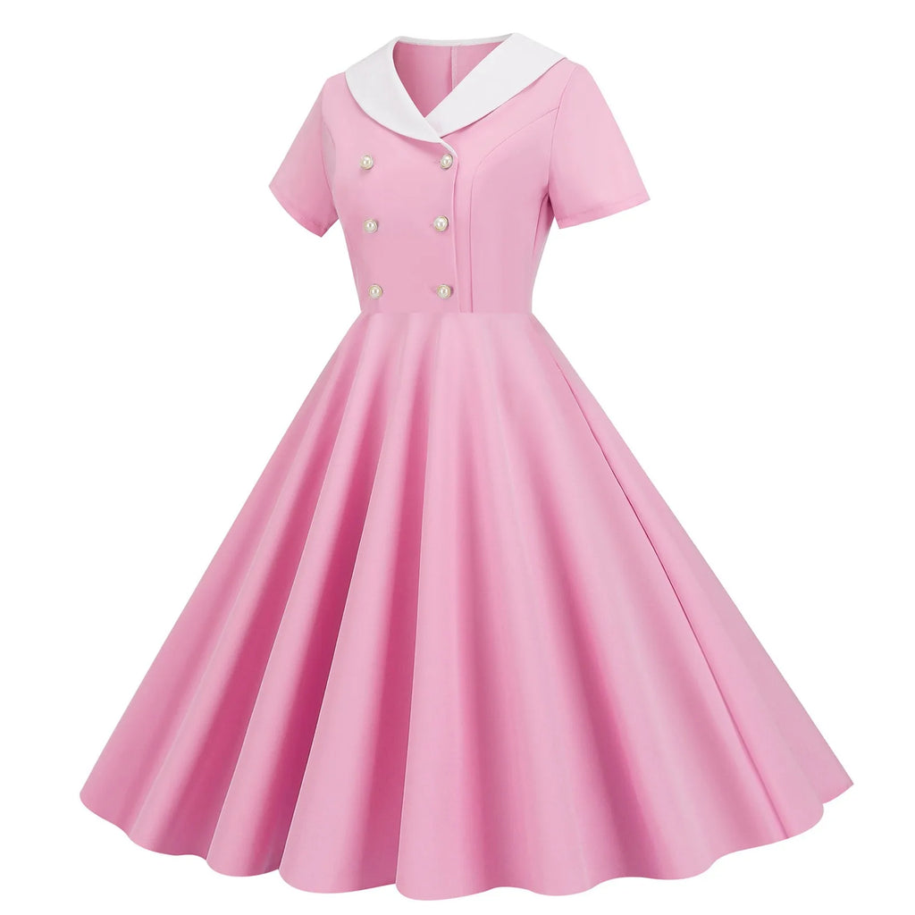 Vintage-Inspired Yellow Swing Dress with Contrast Collar and Decorative Buttons