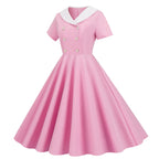 Vintage-Inspired Yellow Swing Dress with Contrast Collar and Decorative Buttons