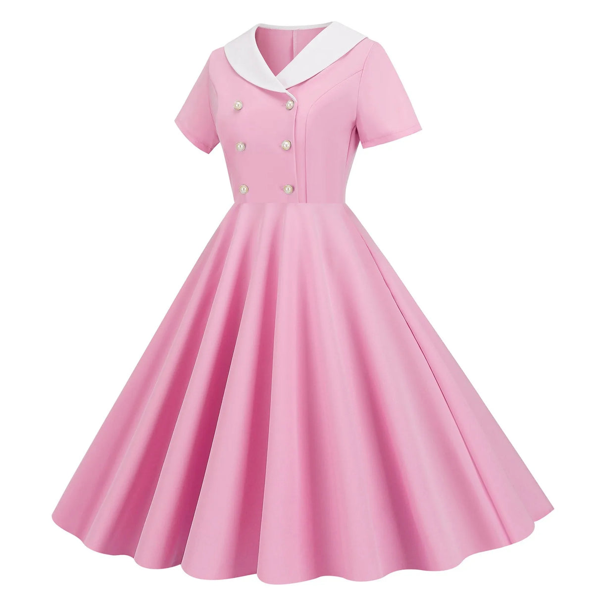 Vintage-Inspired Yellow Swing Dress with Contrast Collar and Decorative Buttons