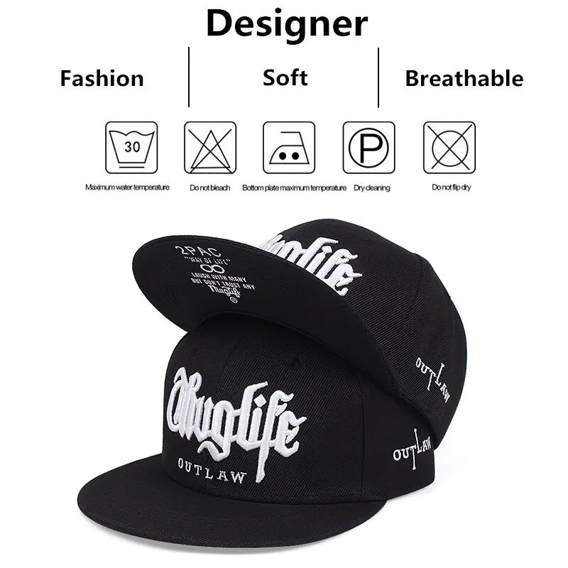 Embroidered Flat Brim Snapback Cap Adjustable Hip Hop Streetwear Baseball Hat