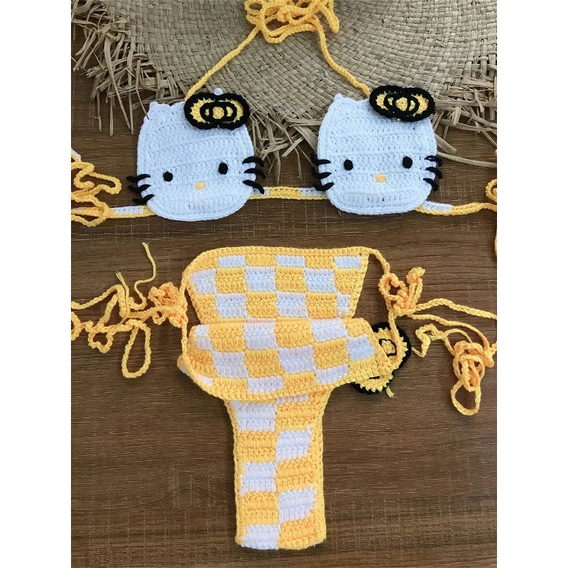 Hand-Crafted Crochet Halter Bikini Set with Whimsical Feline and Checkerboard Details