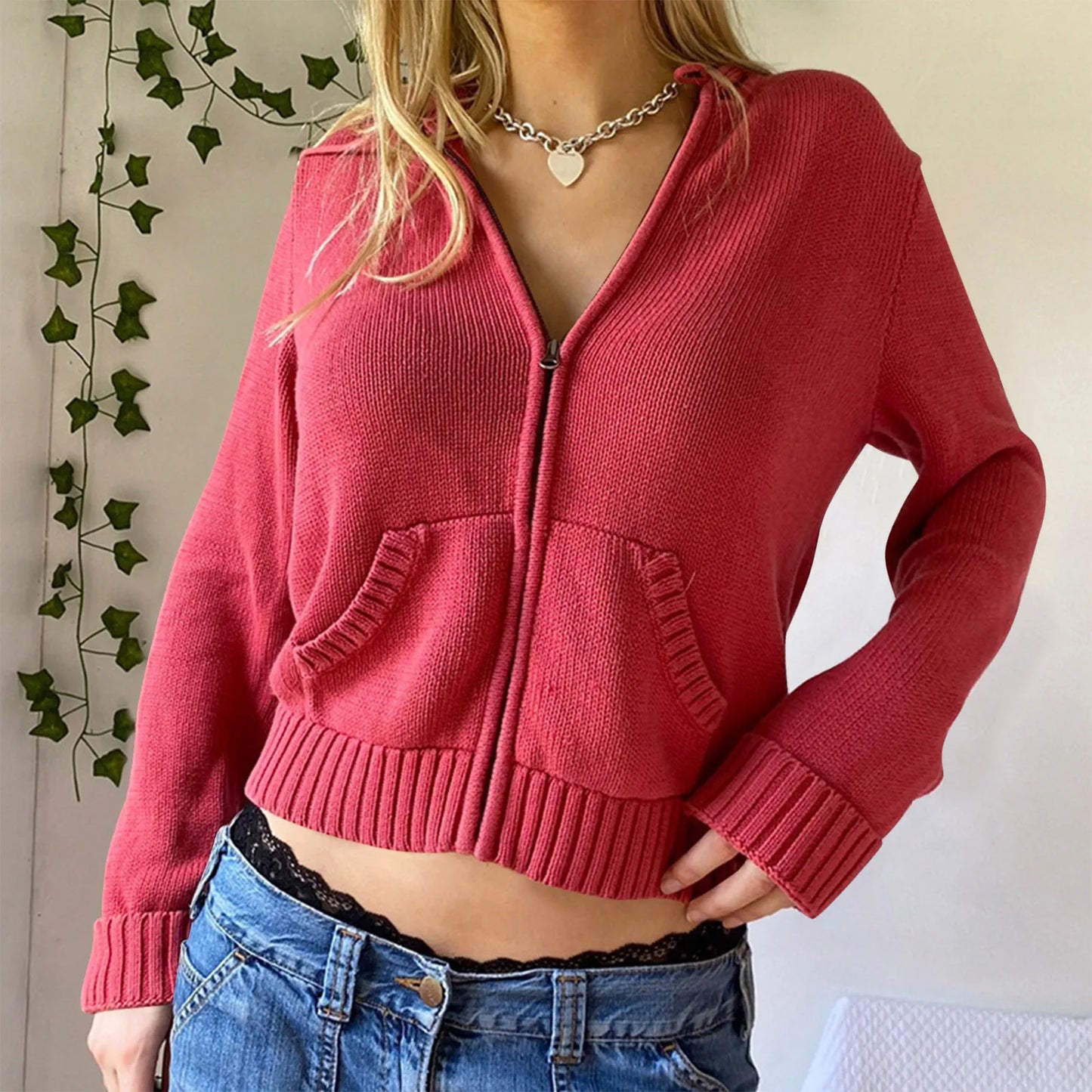 Women's Ribbed Zip-Up Cropped Hoodie with Relaxed Fit for Modern Casual Streetwear
