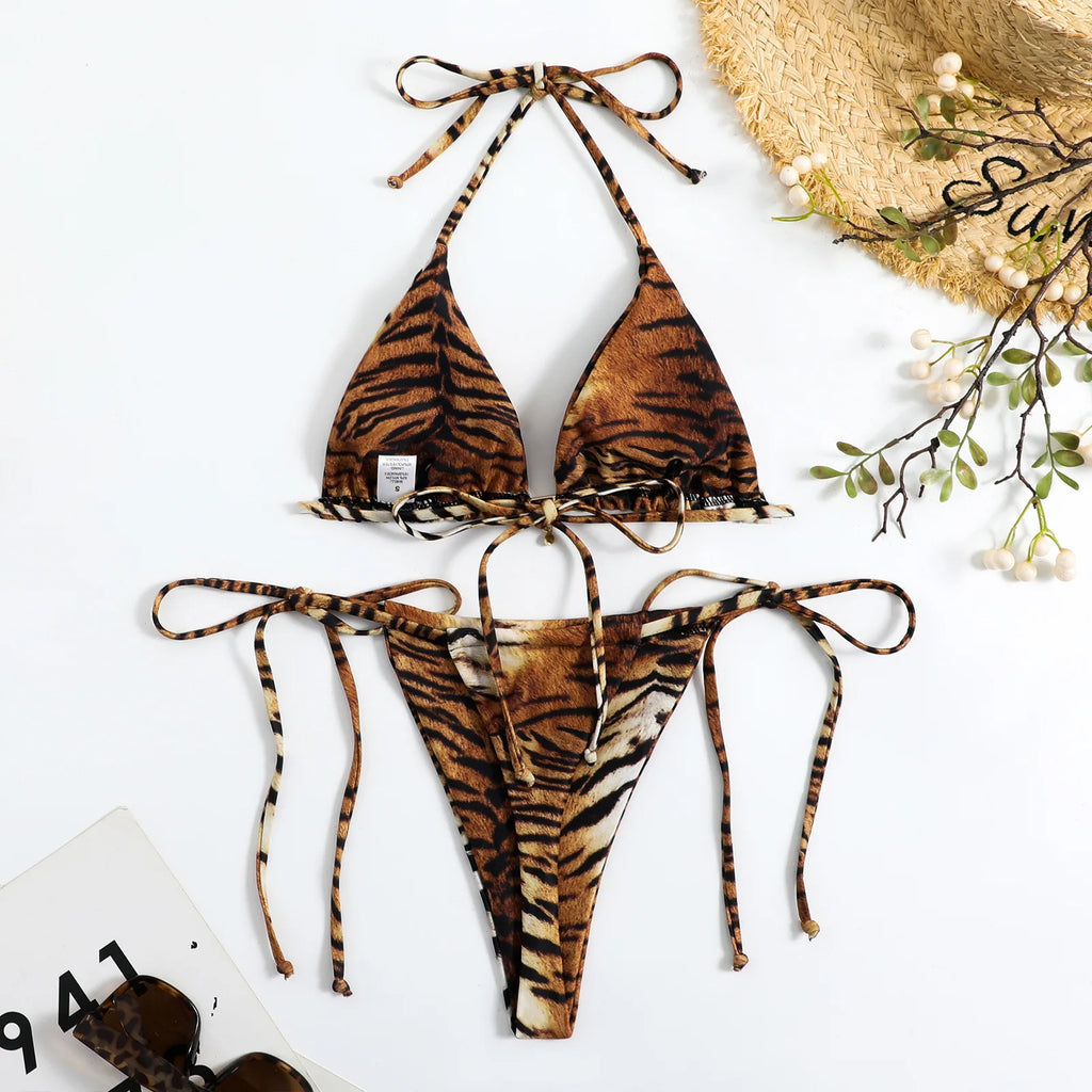 Fierce Tiger Print Triangle String Bikini with Adjustable Ties