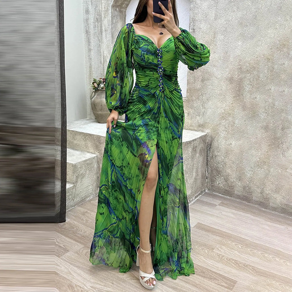 Printed Maxi Dress With Draped Sleeves And Side Slit Detail