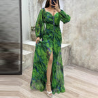 Printed Maxi Dress With Draped Sleeves And Side Slit Detail