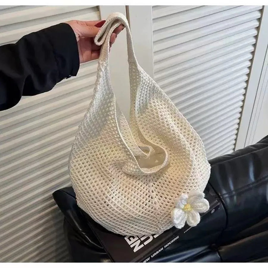 Open Knit Tote Shoulder Bag with Large Capacity Casual Design