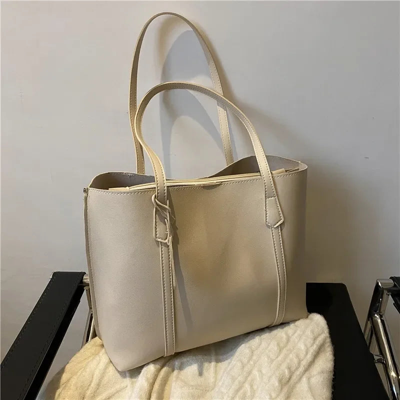 Minimal Structured Faux Leather Tote Shoulder Bag with Large Capacity