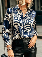 Bold Baroque Scroll Print Button-Down Blouse with Luxurious Satin Finish
