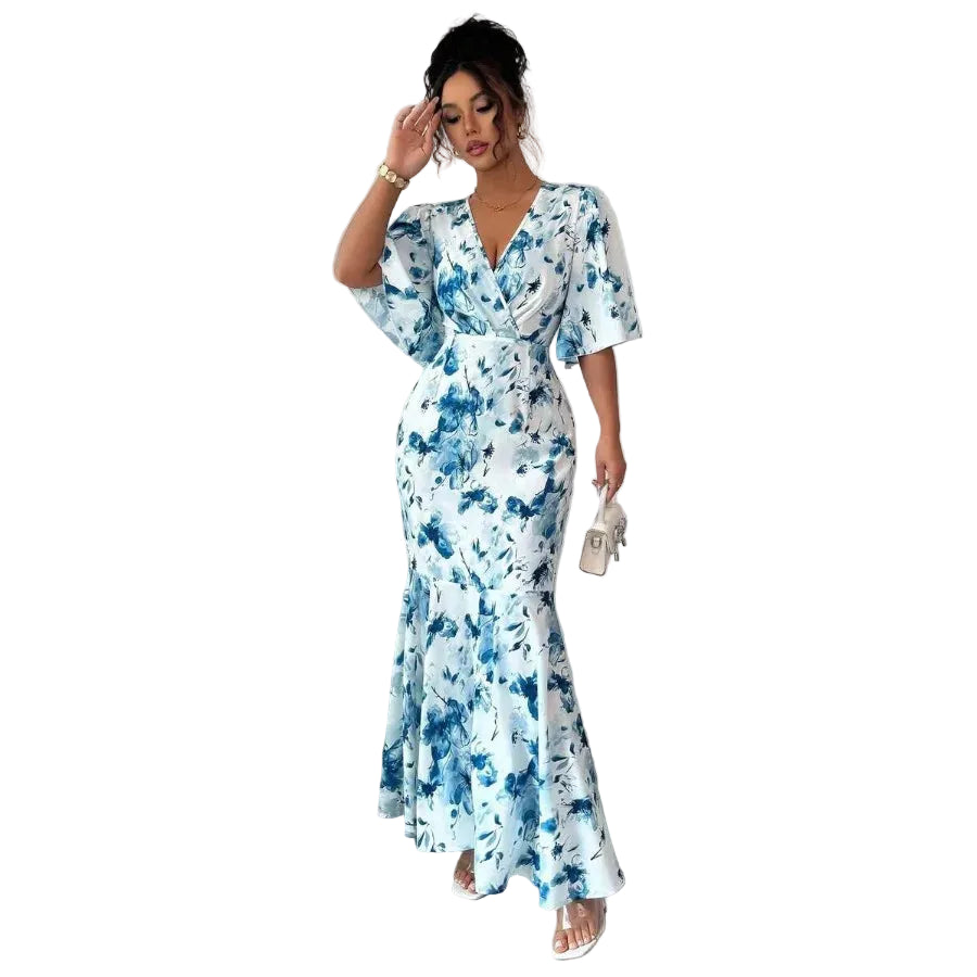 Floral Wrap Style Maxi Dress with Ruffle Hem and Flutter Sleeves