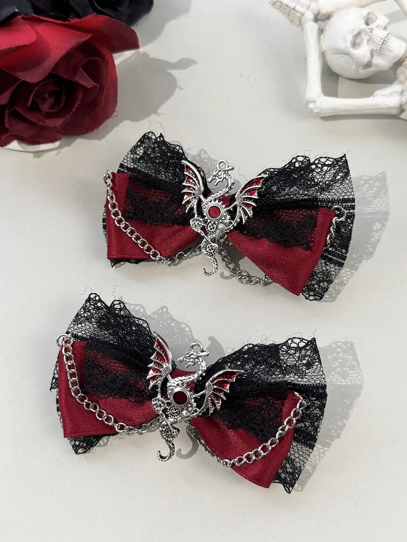 Gothic Lace Bow Hair Clips With Cross Chain Statement Accents