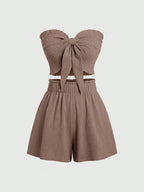 Front Knot Strapless Top and Shorts Summer Casual Co-Ord Set