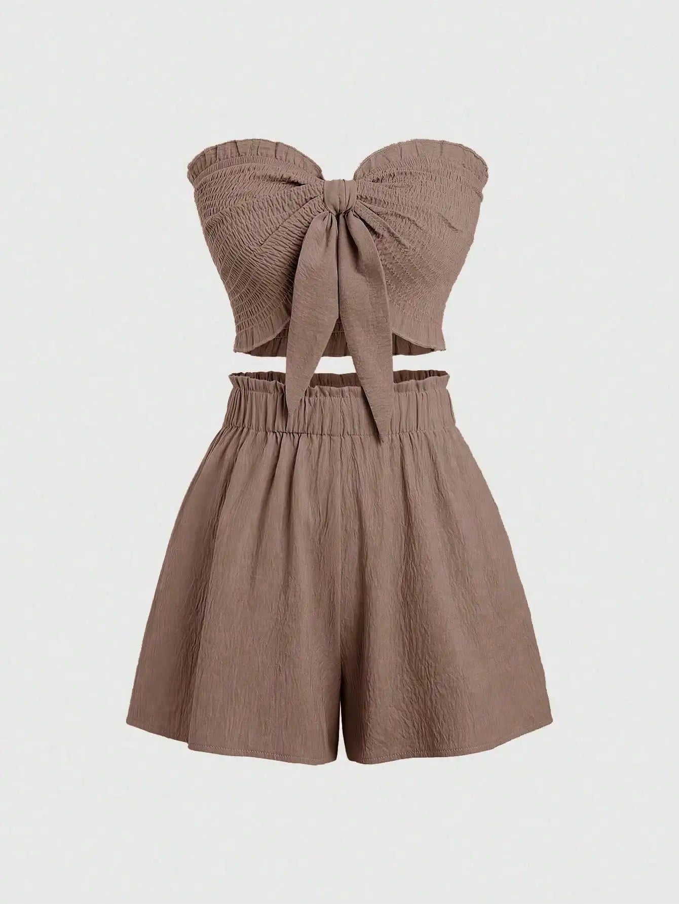 Front Knot Strapless Top and Shorts Summer Casual Co-Ord Set