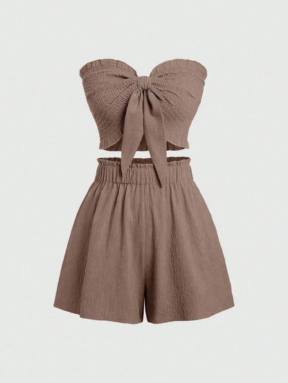 Front Knot Strapless Top and Shorts Summer Casual Co-Ord Set