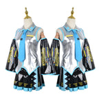 Metallic Silver and Black Futuristic Idol Uniform with Pleated Skirt and Blue Tie