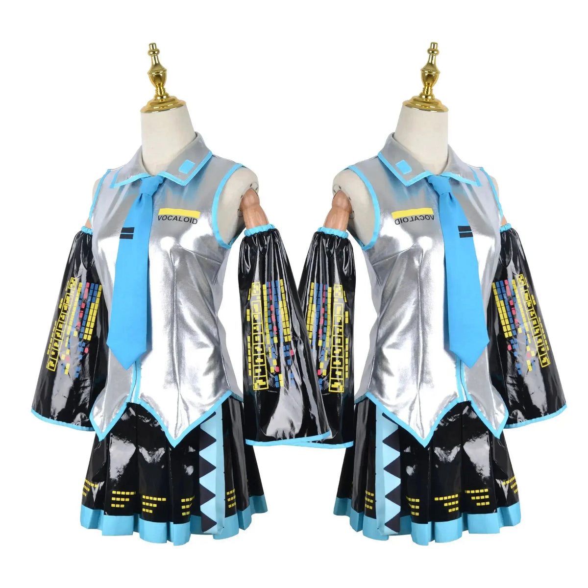 Metallic Silver and Black Futuristic Idol Uniform with Pleated Skirt and Blue Tie