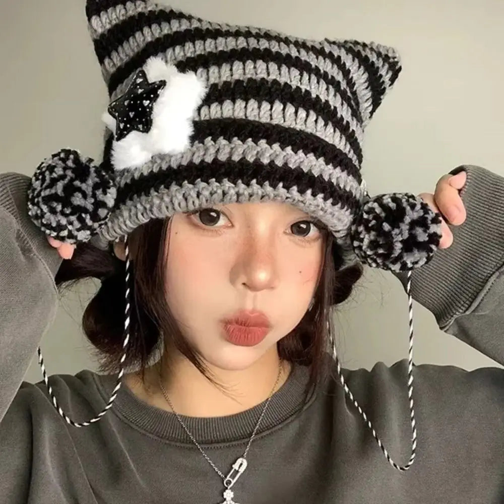 Striped Pointed Knit Beanie with Ear Accents for Playful Streetwear Winter Fashion Style