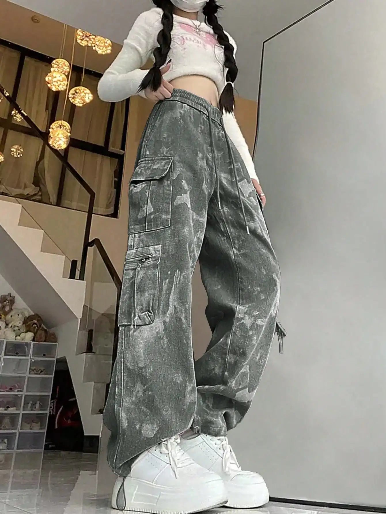 Loose Fit Cargo Pants with Straight Wide Leg Utility Pocket Casual Streetwear Style